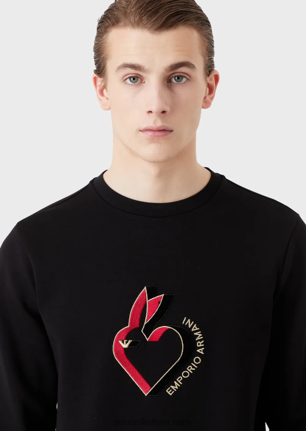 vyrų juodas Armani dvigubo trikotažo megztinis su triušio siuvinėjimu 02482X1445