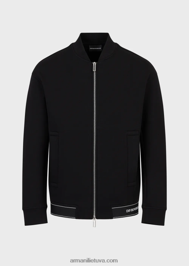 vyrų juodas Armani dvigubo trikotažo megztinis su užtrauktuku ir logotipu su elastine apvada 02482X1584