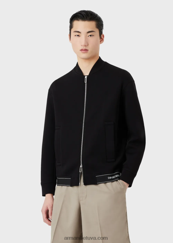vyrų juodas Armani dvigubo trikotažo megztinis su užtrauktuku ir logotipu su elastine apvada 02482X1584