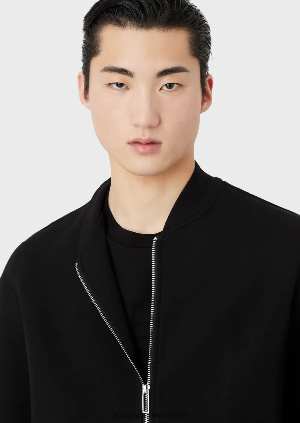 vyrų juodas Armani dvigubo trikotažo megztinis su užtrauktuku ir logotipu su elastine apvada 02482X1584