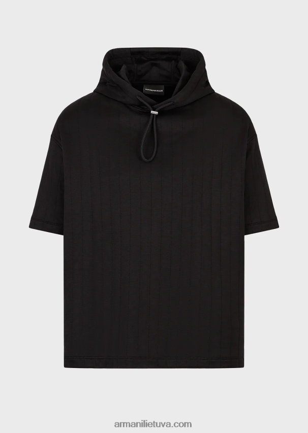 vyrų juodas Armani dygsniuoto džersio megztinis trumpomis rankovėmis su gobtuvu 02482X1427