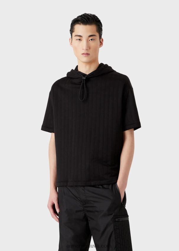 vyrų juodas Armani dygsniuoto džersio megztinis trumpomis rankovėmis su gobtuvu 02482X1427