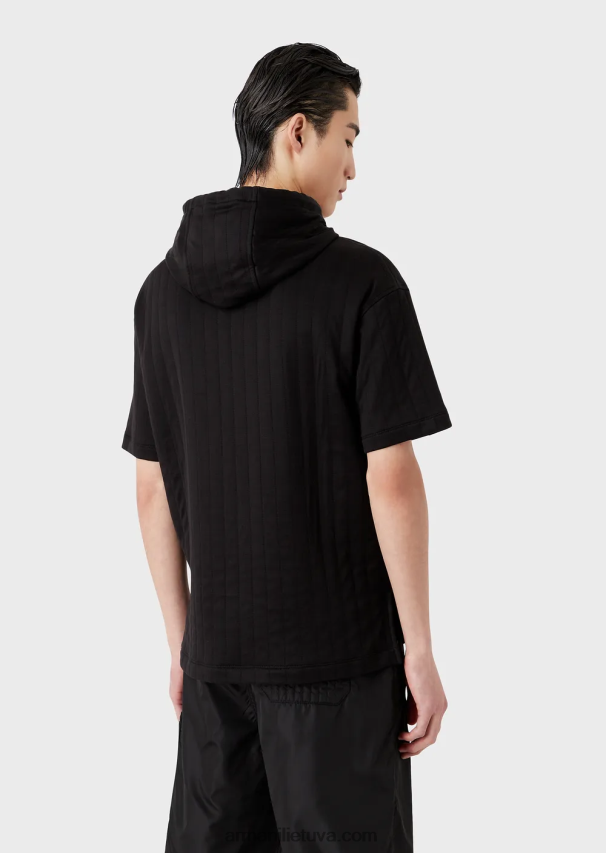 vyrų juodas Armani dygsniuoto džersio megztinis trumpomis rankovėmis su gobtuvu 02482X1427