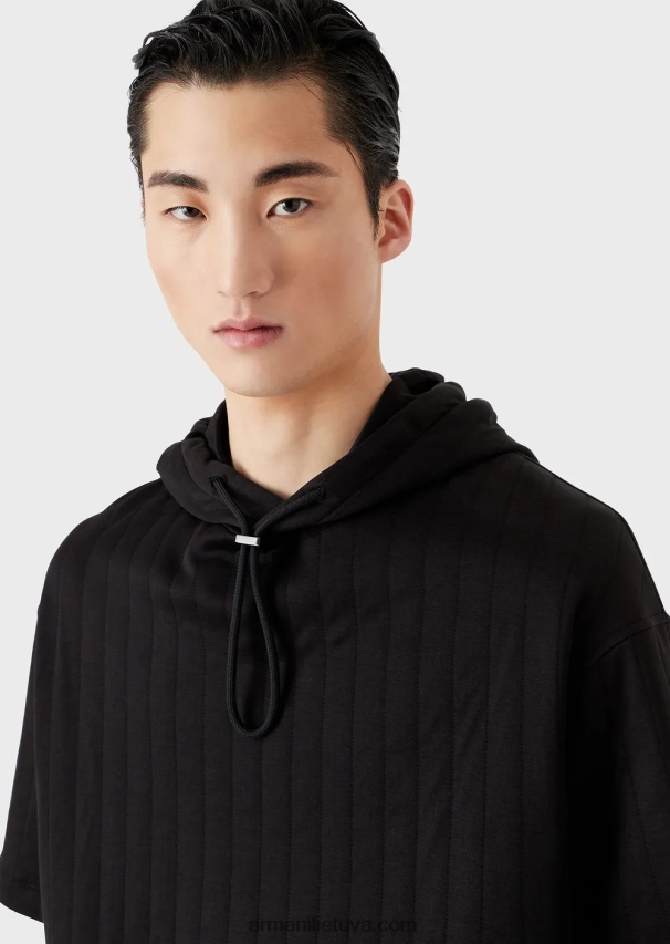 vyrų juodas Armani dygsniuoto džersio megztinis trumpomis rankovėmis su gobtuvu 02482X1427