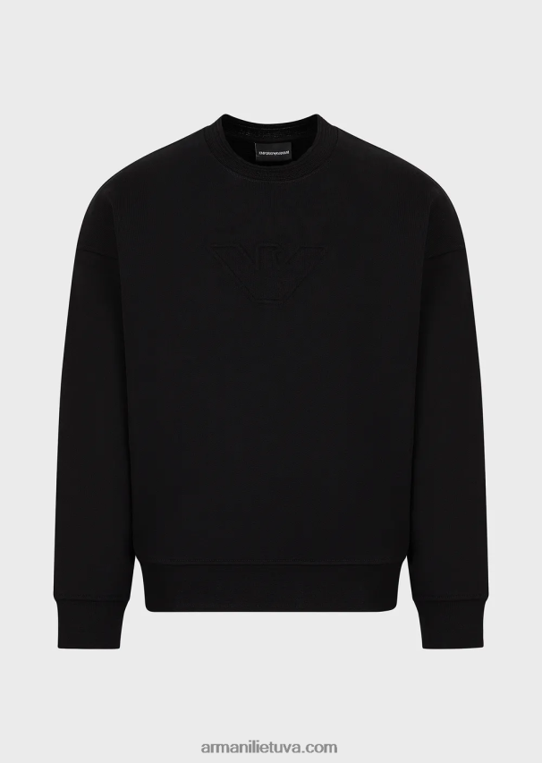 vyrų juodas Armani sunkaus džersio megztinis su per dideliu reljefiniu logotipu 02482X1577