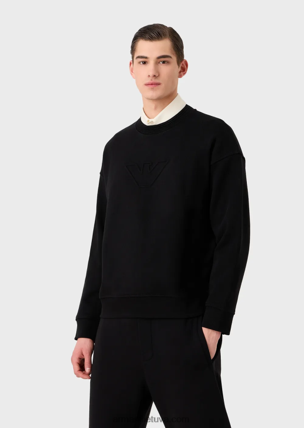 vyrų juodas Armani sunkaus džersio megztinis su per dideliu reljefiniu logotipu 02482X1577