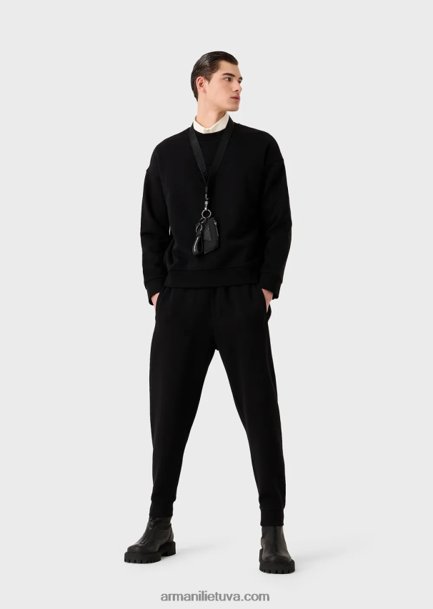 vyrų juodas Armani sunkaus džersio megztinis su per dideliu reljefiniu logotipu 02482X1577