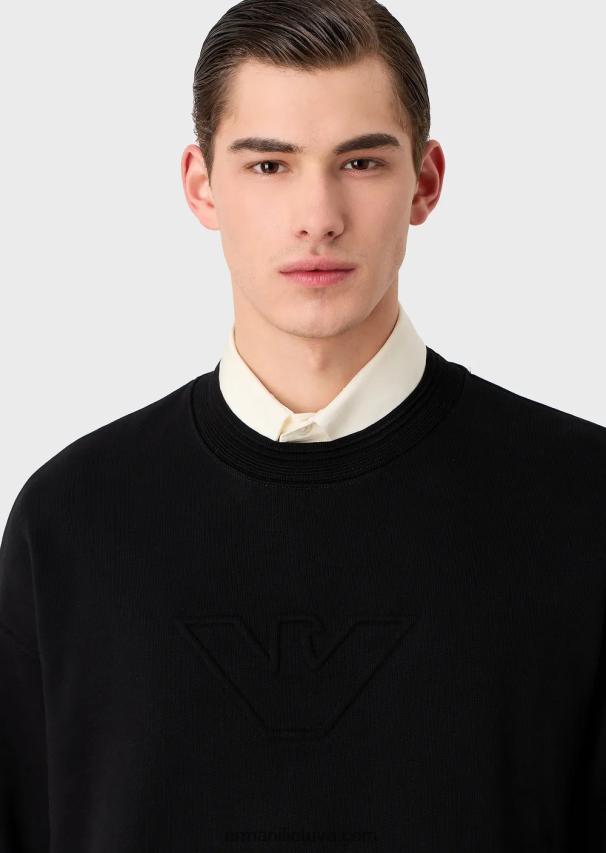 vyrų juodas Armani sunkaus džersio megztinis su per dideliu reljefiniu logotipu 02482X1577