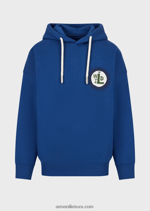 vyrų mėlyna Armani tvarios kolekcijos megztinis su gobtuvu su lopinėliu iš persikų odos organinės medvilnės 02482X1434