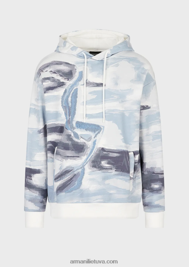 vyrų modelis Armani megztinis su gobtuvu su akvarele ir mermano siuvinėjimu 02482X1592