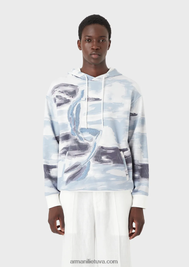 vyrų modelis Armani megztinis su gobtuvu su akvarele ir mermano siuvinėjimu 02482X1592