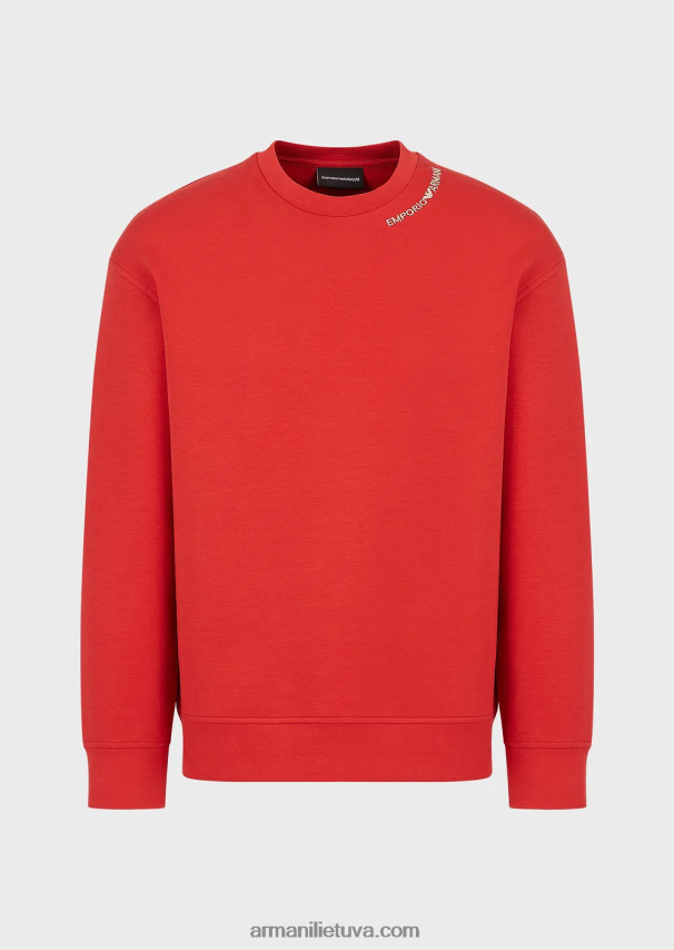 vyrų raudona Armani dvigubo trikotažo megztinis su logotipo siuvinėjimu ties iškirpte 02482X1415