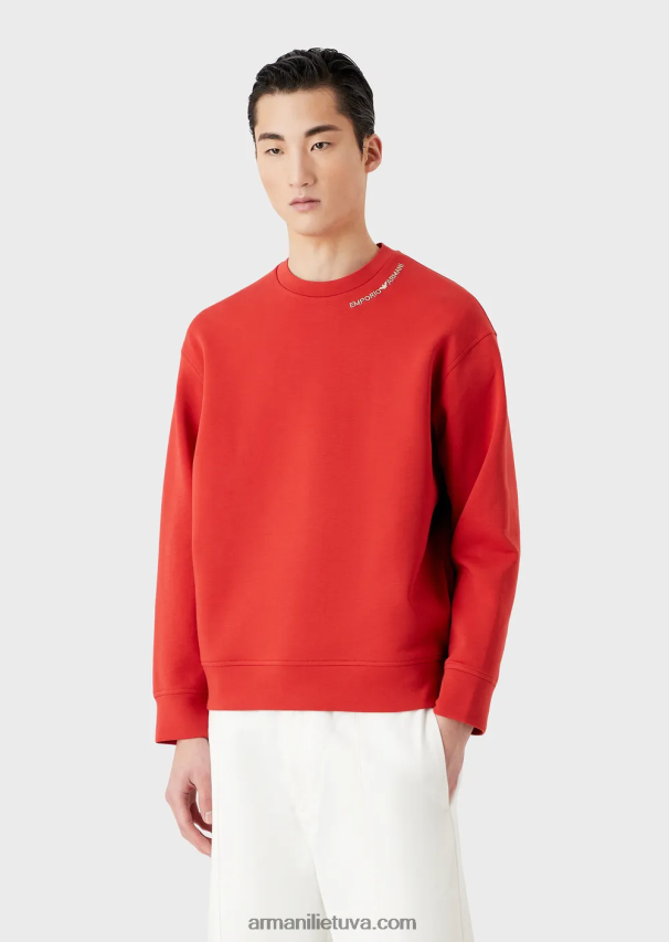 vyrų raudona Armani dvigubo trikotažo megztinis su logotipo siuvinėjimu ties iškirpte 02482X1415