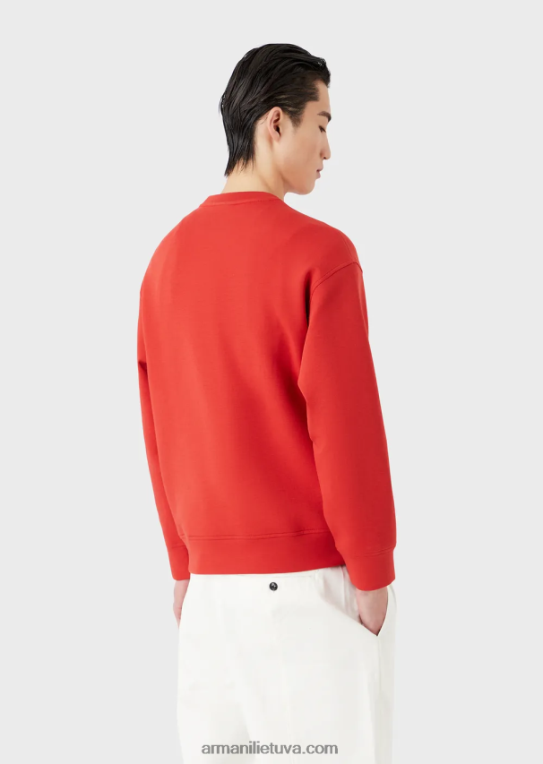 vyrų raudona Armani dvigubo trikotažo megztinis su logotipo siuvinėjimu ties iškirpte 02482X1415