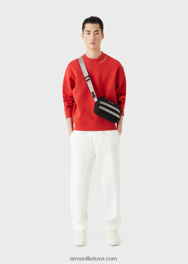 vyrų raudona Armani dvigubo trikotažo megztinis su logotipo siuvinėjimu ties iškirpte 02482X1415