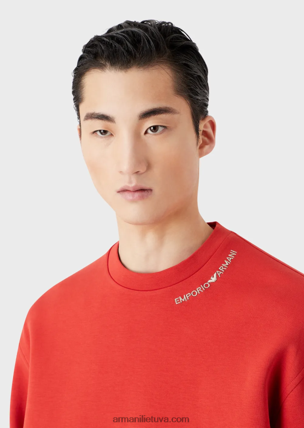 vyrų raudona Armani dvigubo trikotažo megztinis su logotipo siuvinėjimu ties iškirpte 02482X1415