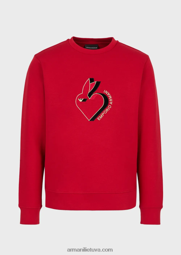 vyrų raudona Armani dvigubo trikotažo megztinis su triušio siuvinėjimu 02482X1446