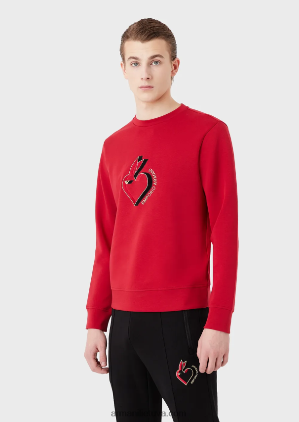 vyrų raudona Armani dvigubo trikotažo megztinis su triušio siuvinėjimu 02482X1446