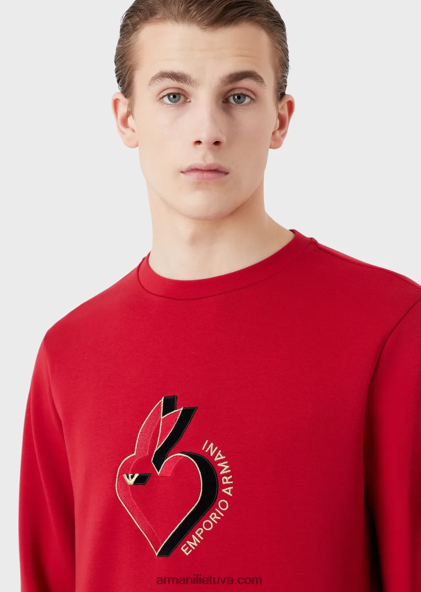 vyrų raudona Armani dvigubo trikotažo megztinis su triušio siuvinėjimu 02482X1446