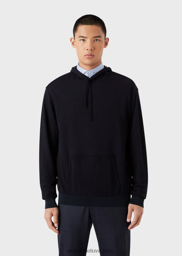 vyrų tamsiai mėlyna Armani džemperis su gobtuvu iš eukalipto vilnos mišinio 02482X1589