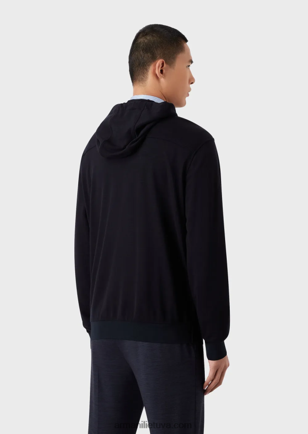 vyrų tamsiai mėlyna Armani džemperis su gobtuvu iš eukalipto vilnos mišinio 02482X1589