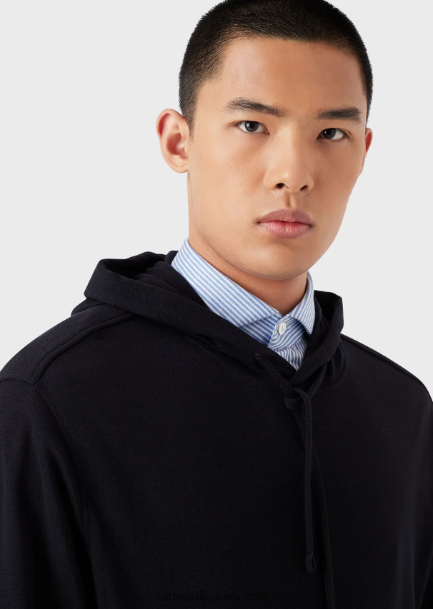 vyrų tamsiai mėlyna Armani džemperis su gobtuvu iš eukalipto vilnos mišinio 02482X1589