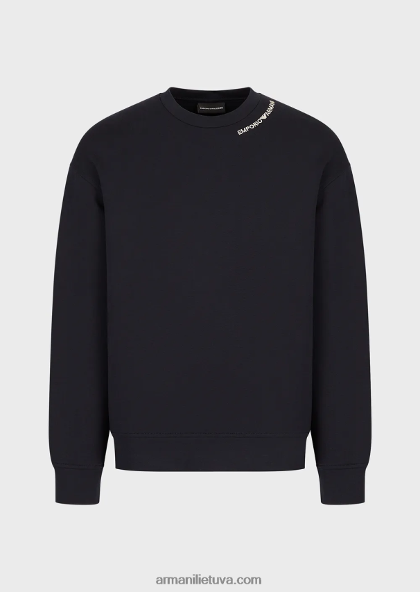 vyrų tamsiai mėlyna Armani dvigubo trikotažo megztinis su logotipo siuvinėjimu ties iškirpte 02482X1416