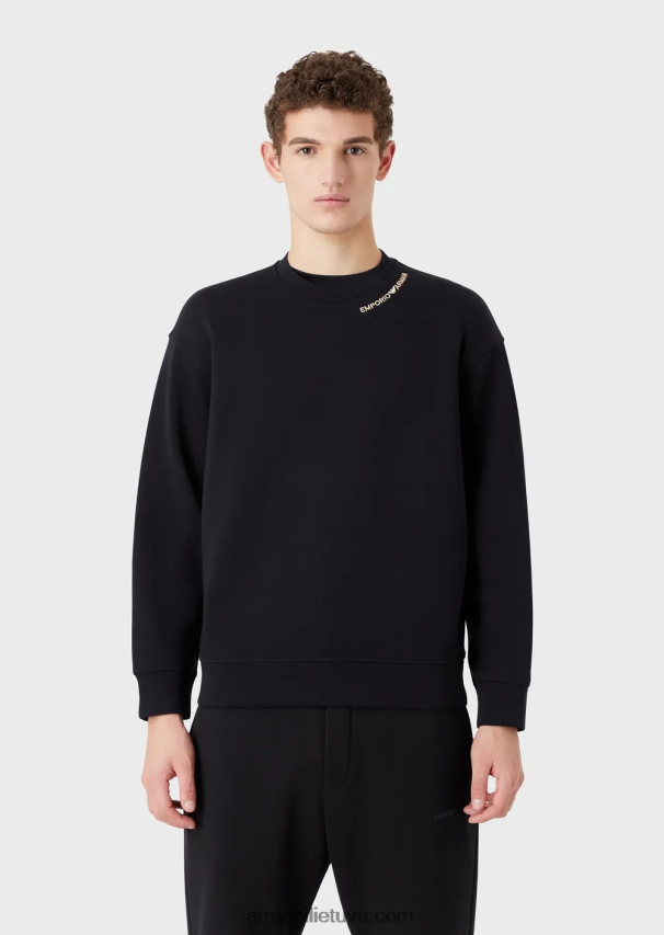 vyrų tamsiai mėlyna Armani dvigubo trikotažo megztinis su logotipo siuvinėjimu ties iškirpte 02482X1416