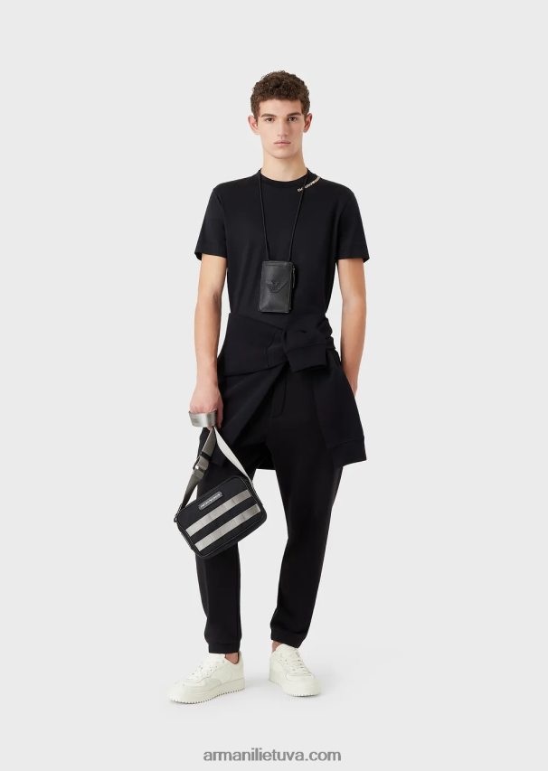 vyrų tamsiai mėlyna Armani dvigubo trikotažo megztinis su logotipo siuvinėjimu ties iškirpte 02482X1416