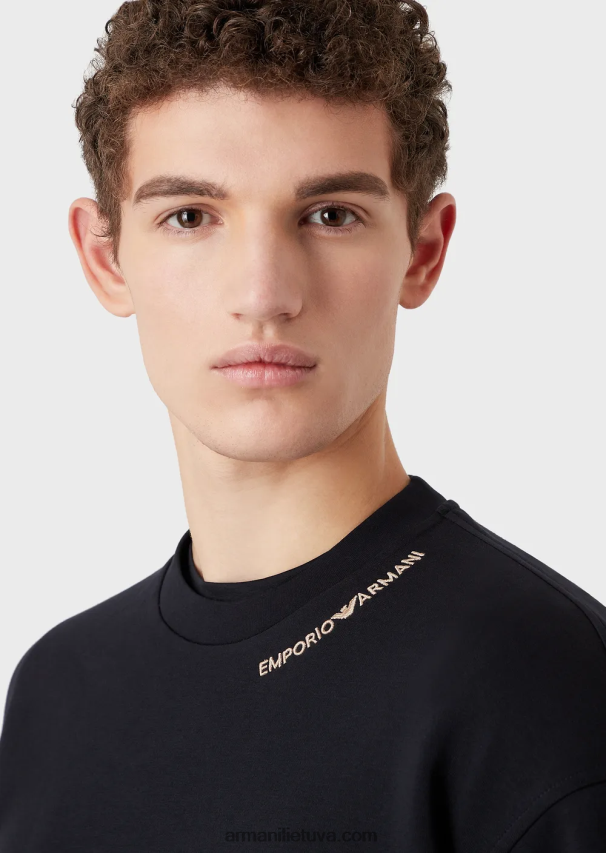 vyrų tamsiai mėlyna Armani dvigubo trikotažo megztinis su logotipo siuvinėjimu ties iškirpte 02482X1416