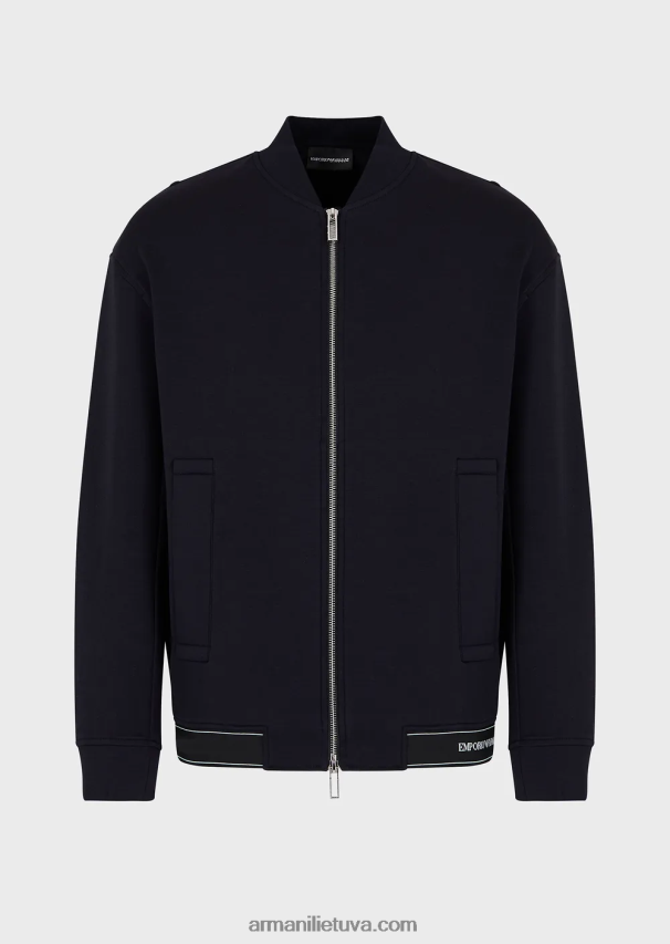 vyrų tamsiai mėlyna Armani dvigubo trikotažo megztinis su užtrauktuku ir logotipu su elastine apvada 02482X1585