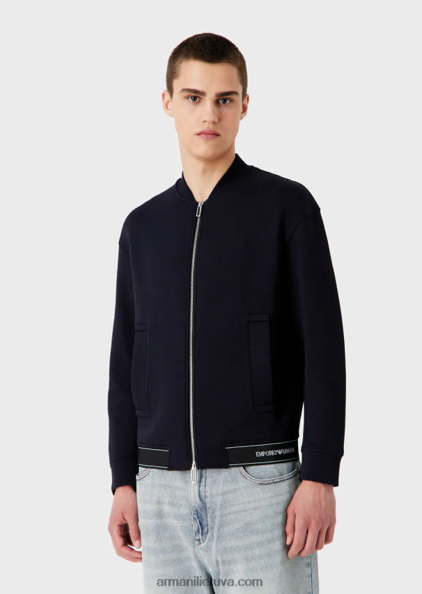 vyrų tamsiai mėlyna Armani dvigubo trikotažo megztinis su užtrauktuku ir logotipu su elastine apvada 02482X1585