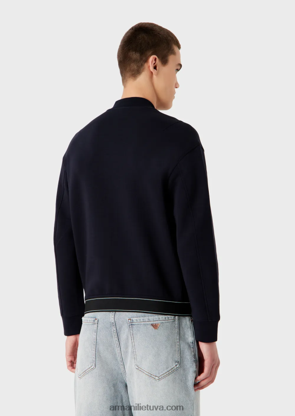 vyrų tamsiai mėlyna Armani dvigubo trikotažo megztinis su užtrauktuku ir logotipu su elastine apvada 02482X1585