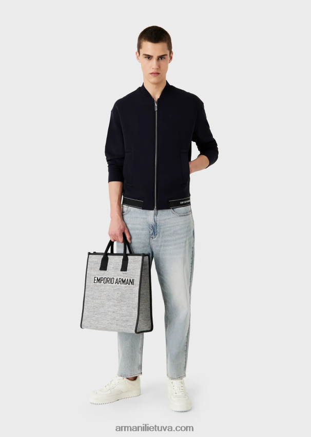 vyrų tamsiai mėlyna Armani dvigubo trikotažo megztinis su užtrauktuku ir logotipu su elastine apvada 02482X1585