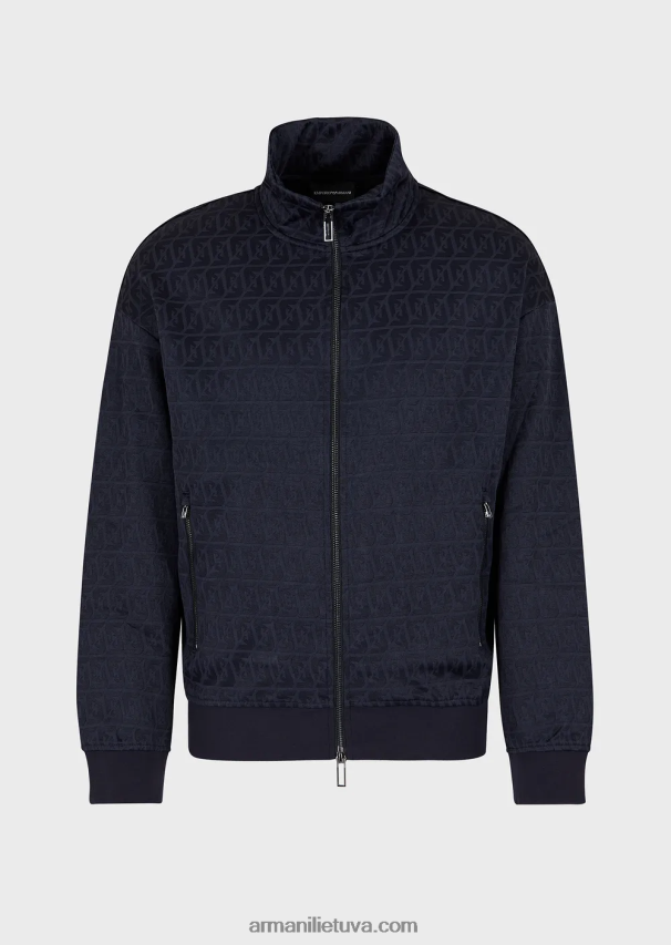 vyrų tamsiai mėlyna Armani marškinėliai su pilnu užtrauktuku su reljefiniu žakardo stilizuotu ereliu ir logotipo siuvinėjimu 02482X1398