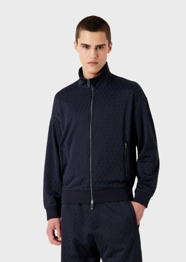 vyrų tamsiai mėlyna Armani marškinėliai su pilnu užtrauktuku su reljefiniu žakardo stilizuotu ereliu ir logotipo siuvinėjimu 02482X1398