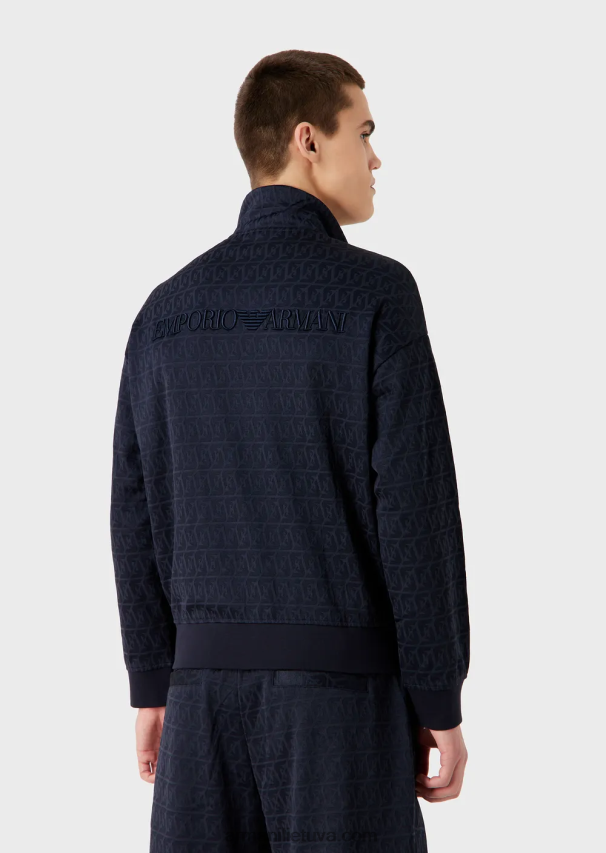 vyrų tamsiai mėlyna Armani marškinėliai su pilnu užtrauktuku su reljefiniu žakardo stilizuotu ereliu ir logotipo siuvinėjimu 02482X1398