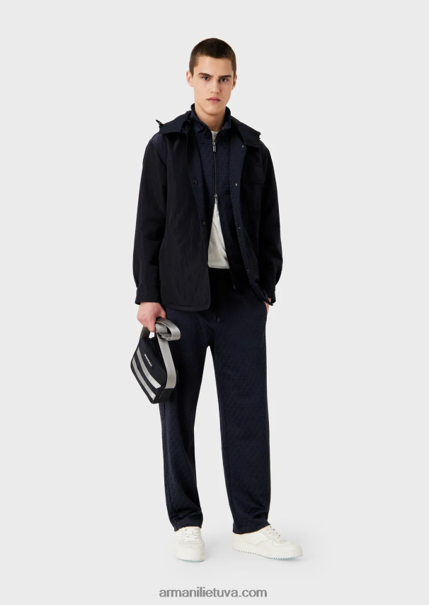 vyrų tamsiai mėlyna Armani marškinėliai su pilnu užtrauktuku su reljefiniu žakardo stilizuotu ereliu ir logotipo siuvinėjimu 02482X1398