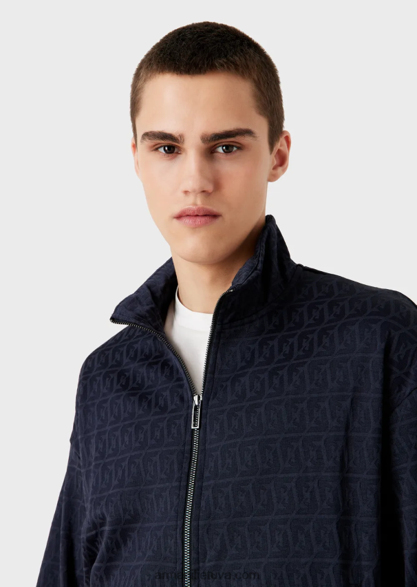 vyrų tamsiai mėlyna Armani marškinėliai su pilnu užtrauktuku su reljefiniu žakardo stilizuotu ereliu ir logotipo siuvinėjimu 02482X1398