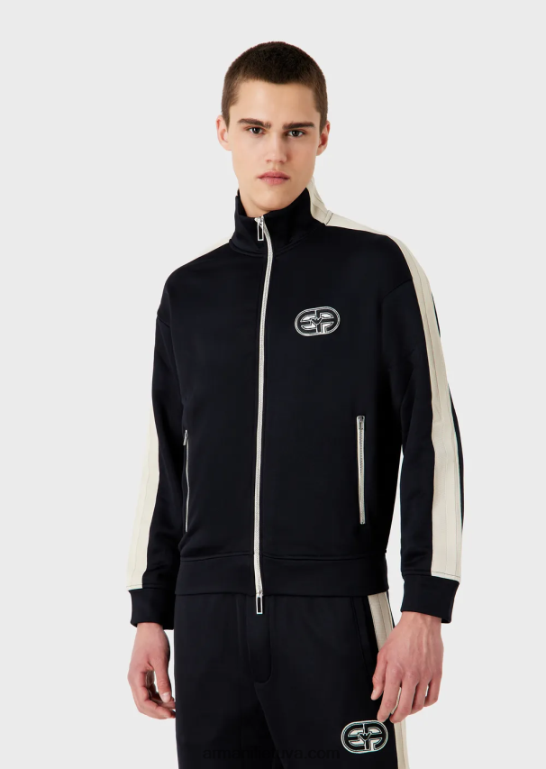 vyrų tamsiai mėlyna Armani megztinis megztinis su pilnu užtrauktuku su juostelėmis ir užtrauktuku 02482X1376