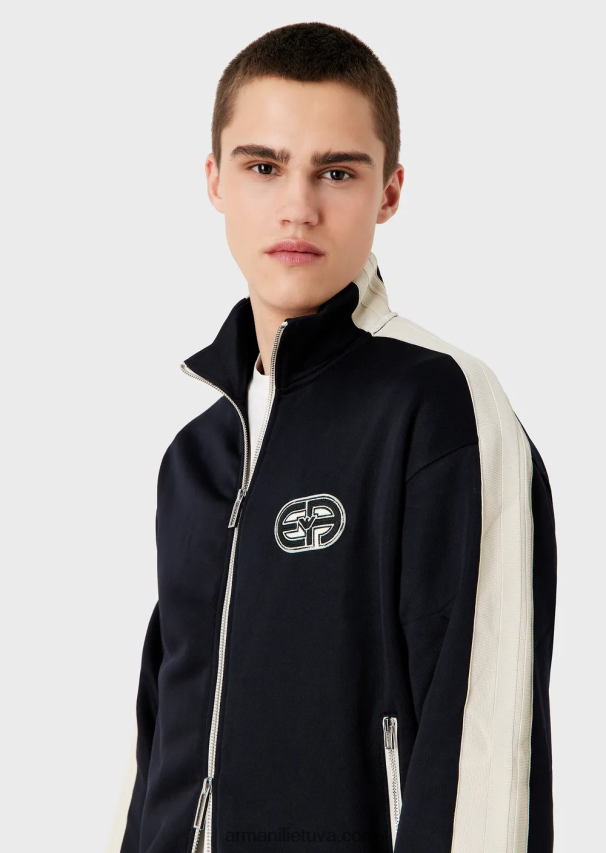 vyrų tamsiai mėlyna Armani megztinis megztinis su pilnu užtrauktuku su juostelėmis ir užtrauktuku 02482X1376