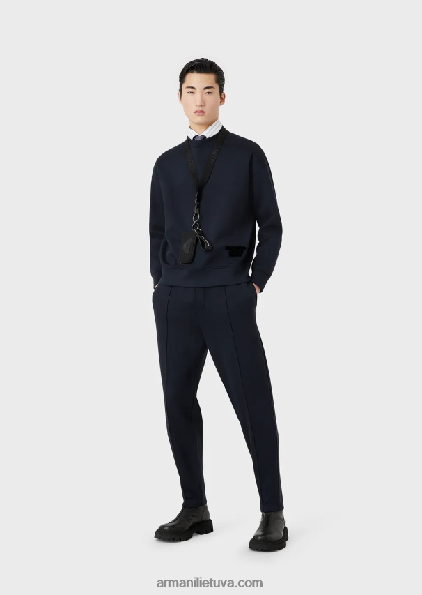 vyrų tamsiai mėlyna Armani modalinio trikotažo megztinis su įspaustu audinio logotipu 02482X1410