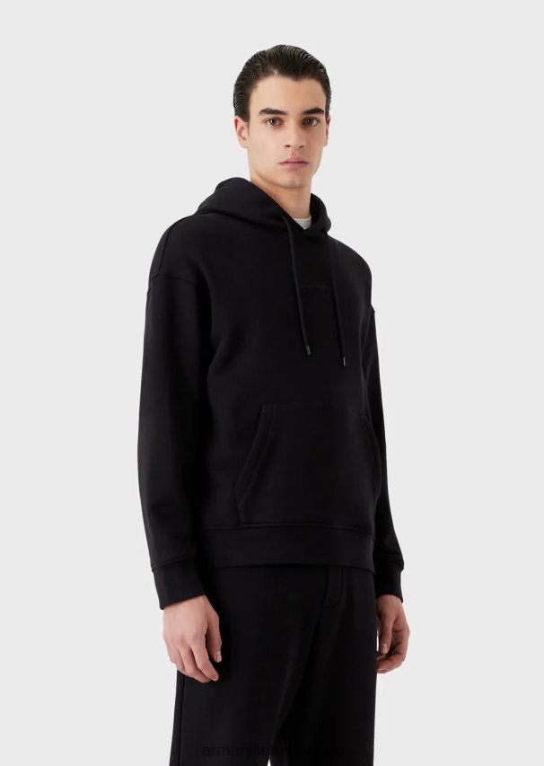 vyrų tamsiai mėlyna Armani sunkaus džersio megztinis su gobtuvu su ryškiu guminiu logotipu 02482X1421