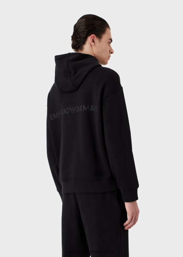 vyrų tamsiai mėlyna Armani sunkaus džersio megztinis su gobtuvu su ryškiu guminiu logotipu 02482X1421