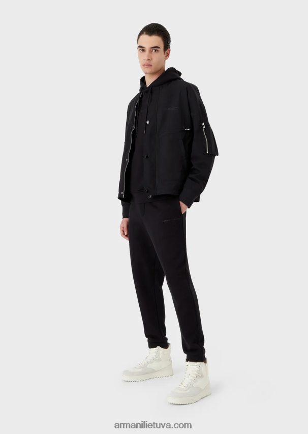 vyrų tamsiai mėlyna Armani sunkaus džersio megztinis su gobtuvu su ryškiu guminiu logotipu 02482X1421