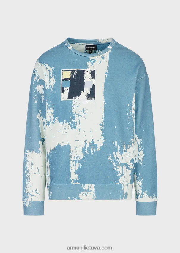 vyrų žydros spalvos Armani megztinis ant viso rašalo marginimo su logotipo siuvinėjimu 02482X1572