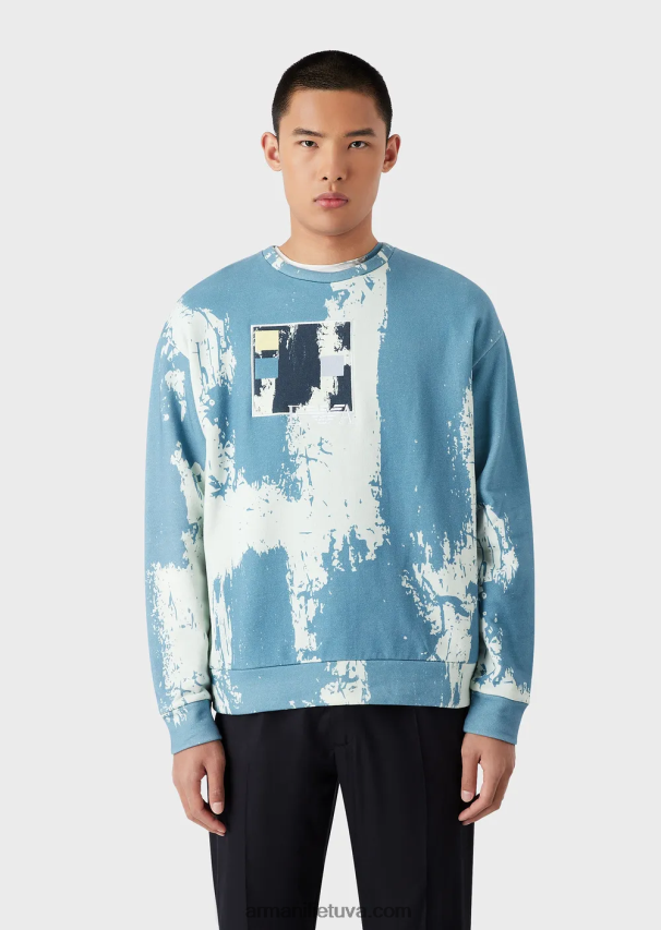 vyrų žydros spalvos Armani megztinis ant viso rašalo marginimo su logotipo siuvinėjimu 02482X1572