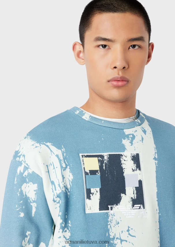 vyrų žydros spalvos Armani megztinis ant viso rašalo marginimo su logotipo siuvinėjimu 02482X1572