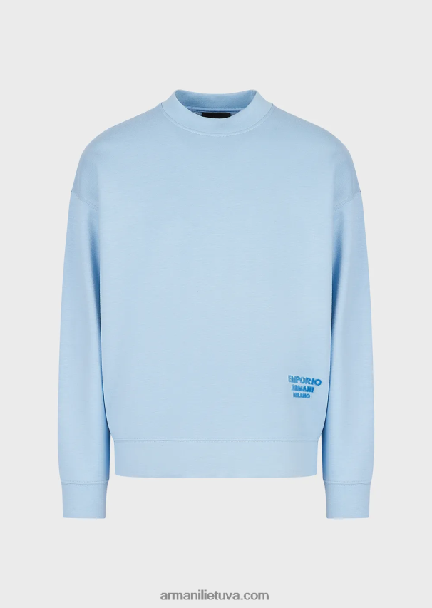 vyrų žydros spalvos Armani modalinio trikotažo megztinis su įspaustu audinio logotipu 02482X1409