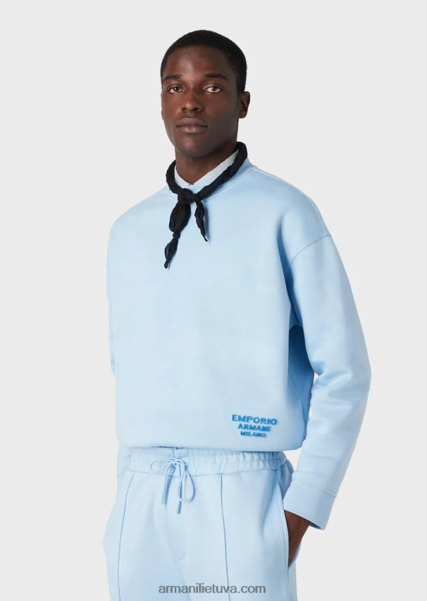 vyrų žydros spalvos Armani modalinio trikotažo megztinis su įspaustu audinio logotipu 02482X1409
